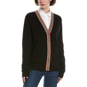 Burberry Womens Icon Stripe Wool Cardigan, Black
